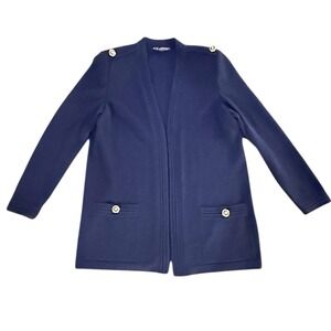 St John Basics Cardigan Santana Knit Blazer Large Gold Lion Logo Buttons Navy